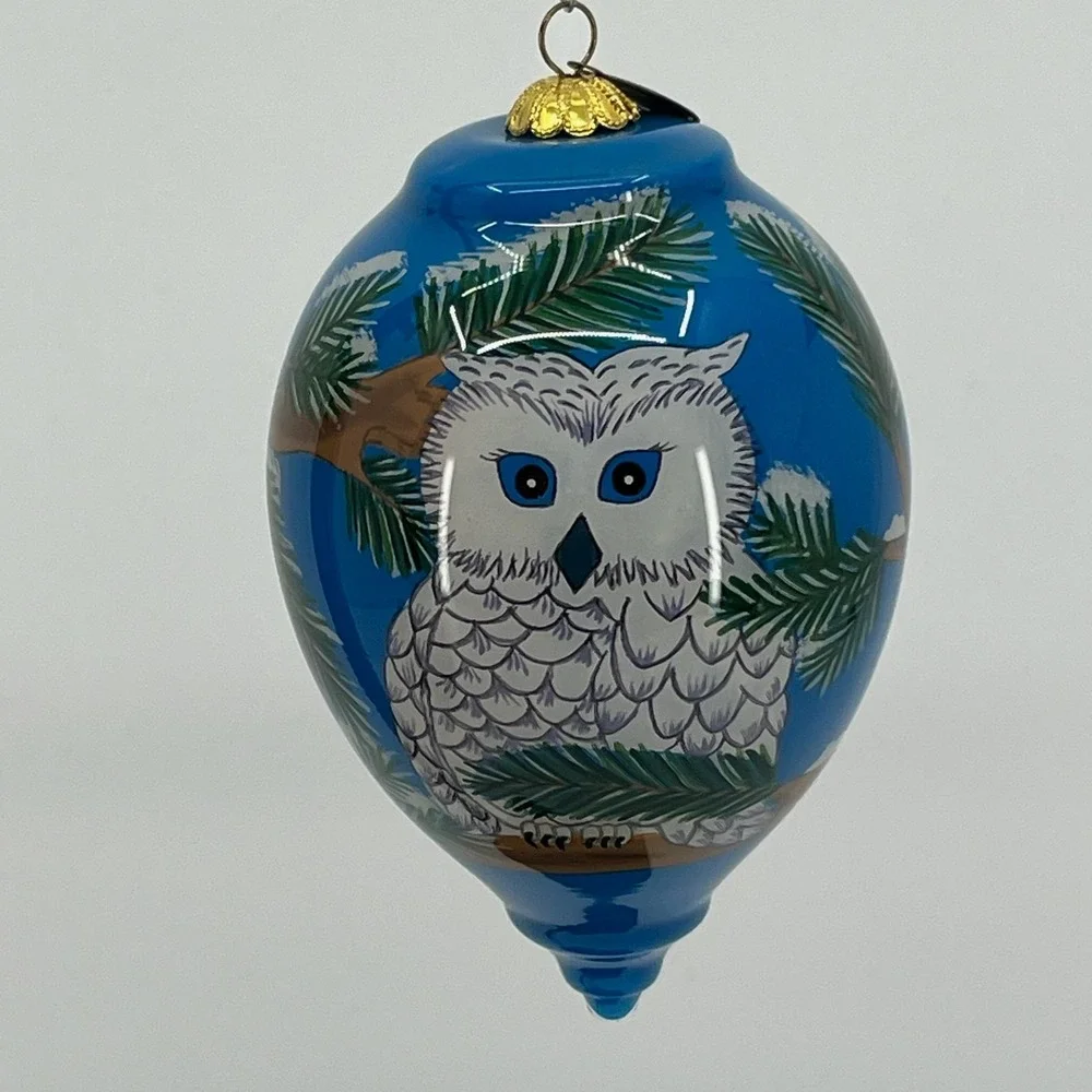 Pier 1 Li Bien Snow Owl Ornament 2015 Hand Painted Glass Blue Christmas Boxed
